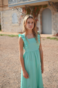 MOLLY BRACKEN LONG DRESS WITH RUFFLE AQUA BLUE