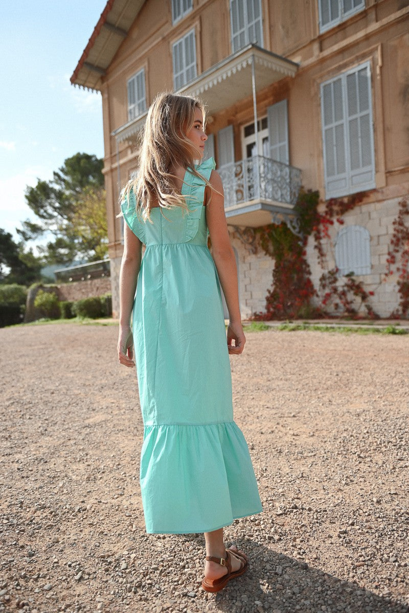 MOLLY BRACKEN LONG DRESS WITH RUFFLE AQUA BLUE