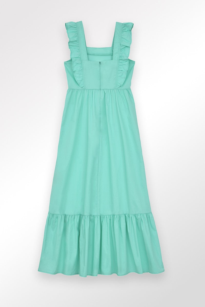 MOLLY BRACKEN LONG DRESS WITH RUFFLE AQUA BLUE