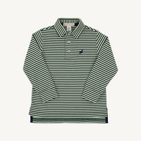 A long-sleeve striped polo shirt for kids, featuring horizontal green and white stripes with a small navy embroidered logo on the left chest, displayed flat against a light off-white background.