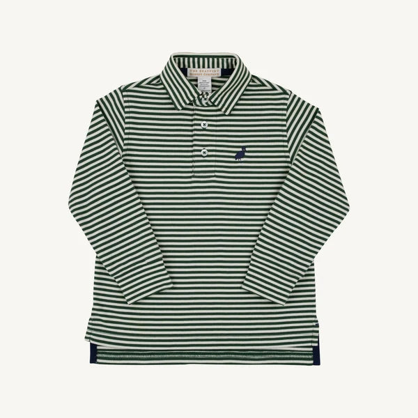 A long-sleeve striped polo shirt for kids, featuring horizontal green and white stripes with a small navy embroidered logo on the left chest, displayed flat against a light off-white background.