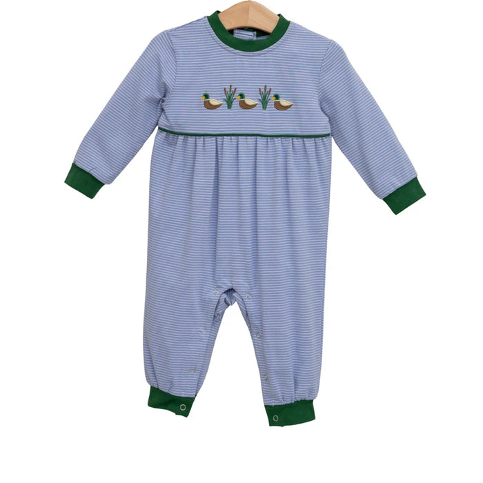 Blue and green striped baby romper with duck design on a white background