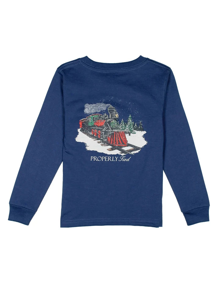 Blue long-sleeve shirt with a train graphic and 'Properly Fund' text on a white background