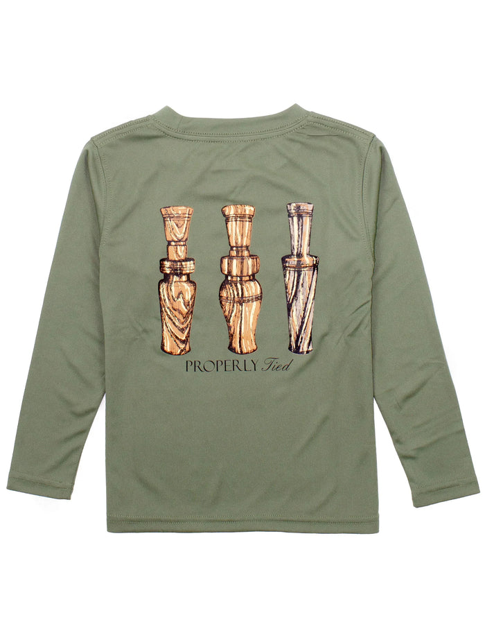 PROPERLY TIED LD BOYS PERFORMANCE TEE DUCK CALLS OLIVE