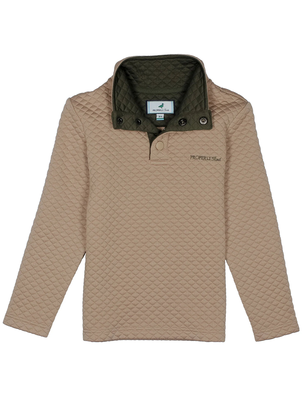 Beige quilted pullover with green collar on a white background