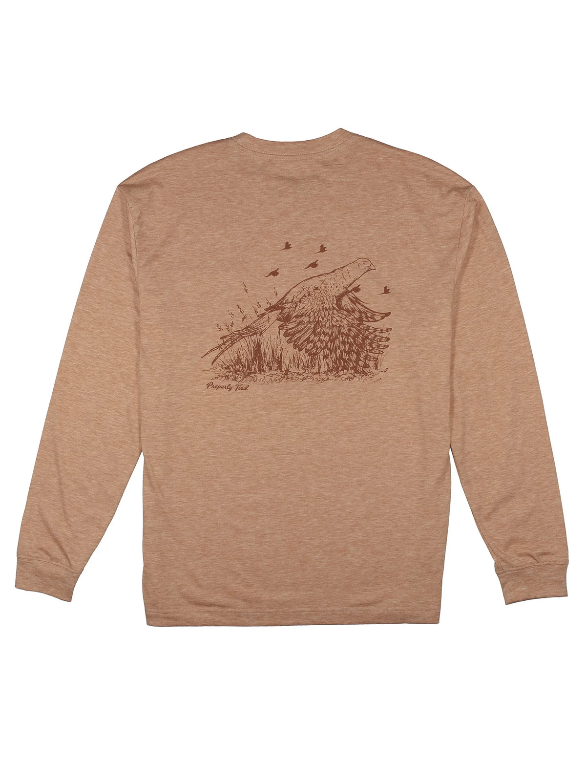 Brown long-sleeve shirt with a graphic design on the back against a white background