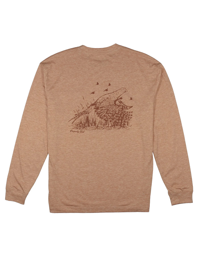 Brown long-sleeve shirt with a graphic design on the back against a white background