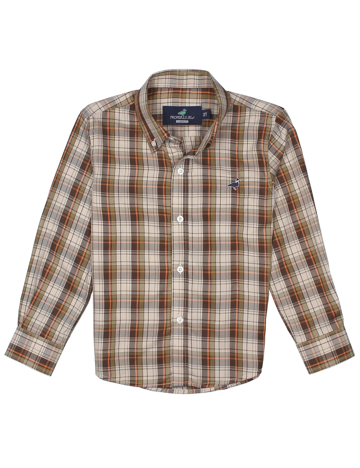 A long-sleeve plaid button-up shirt in beige, brown, and orange tones, featuring a small embroidered bird logo on the left chest and a visible neck label.