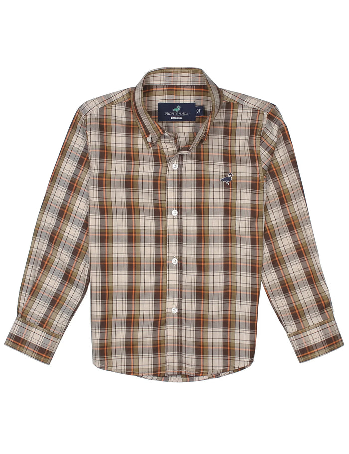 A long-sleeve plaid button-up shirt in beige, brown, and orange tones, featuring a small embroidered bird logo on the left chest and a visible neck label.