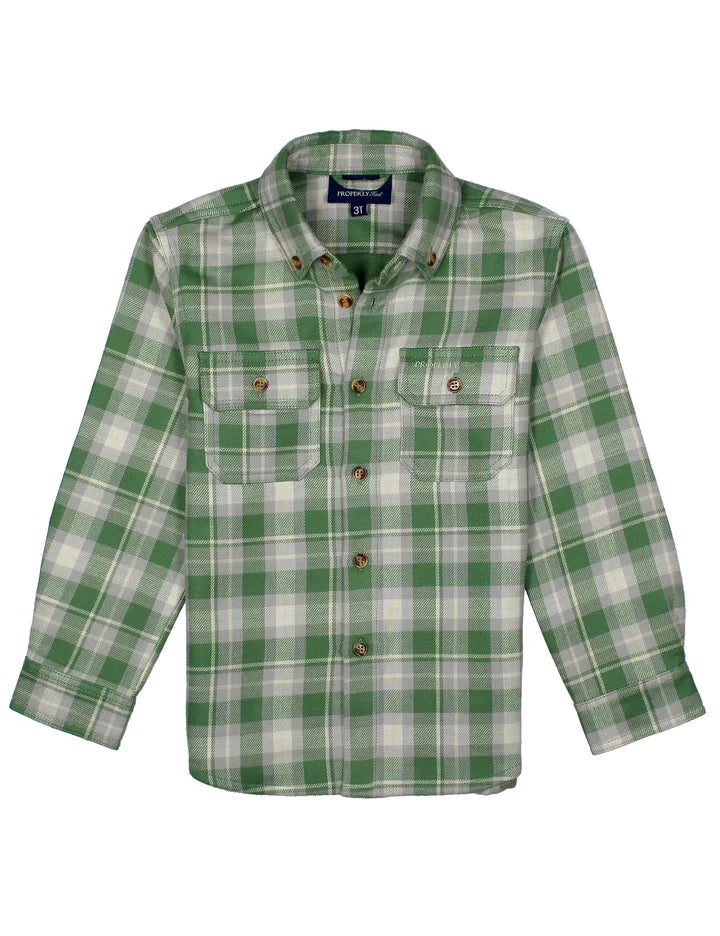 A green and white plaid long-sleeve button-up shirt with two chest pockets, displayed flat against a white background.