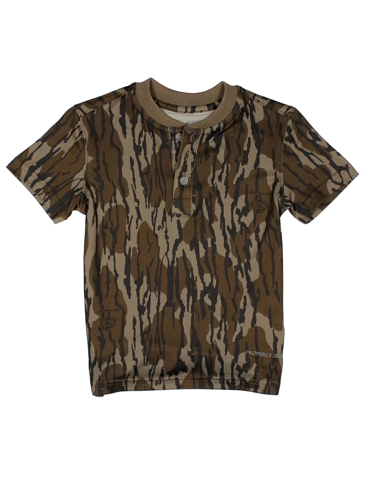 Camouflage-patterned t-shirt on a white background
