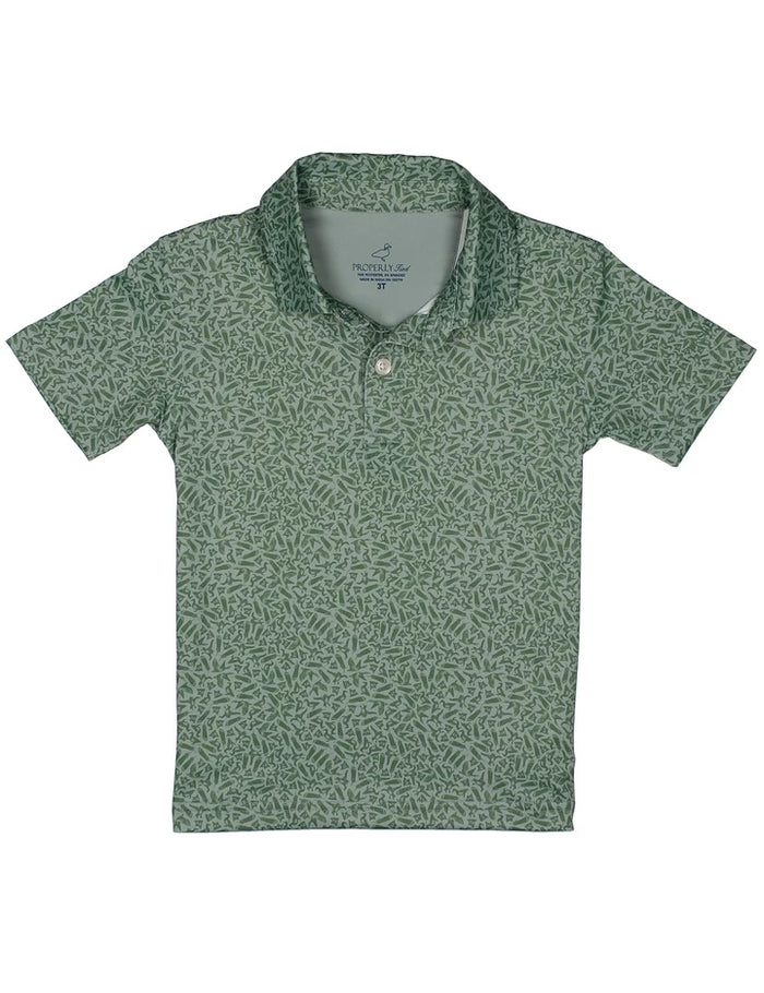 Green patterned polo shirt on a white background
