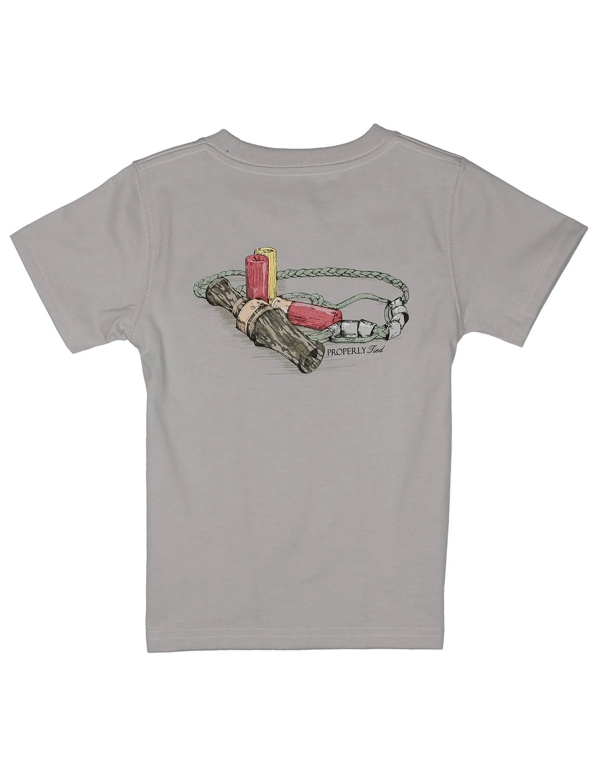 Gray t-shirt with a graphic design on the back featuring a chain, knife, and candle.