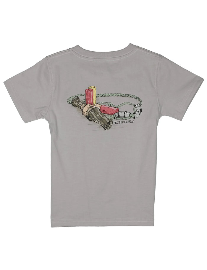 Gray t-shirt with a graphic design on the back featuring a chain, knife, and candle.