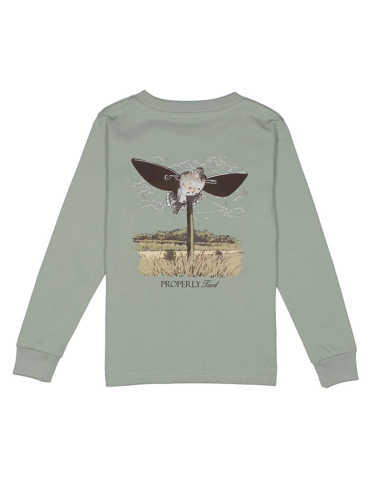 Green long-sleeve shirt with a graphic design on the back against a white background