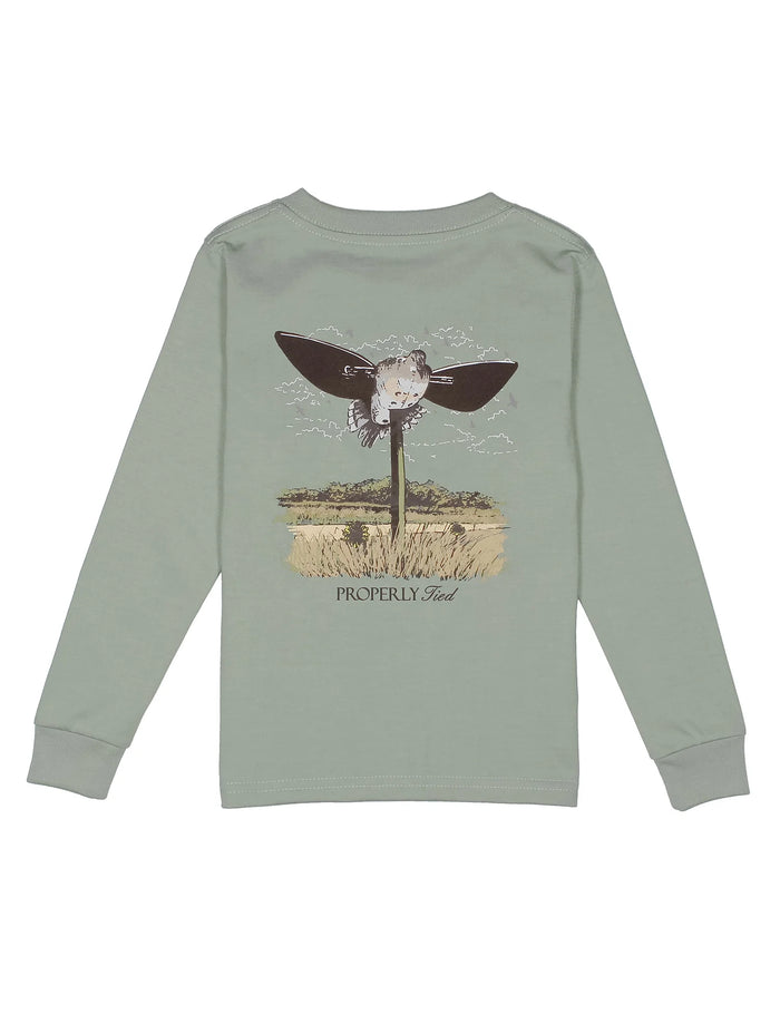 Green long-sleeve shirt with a graphic design on the back against a white background