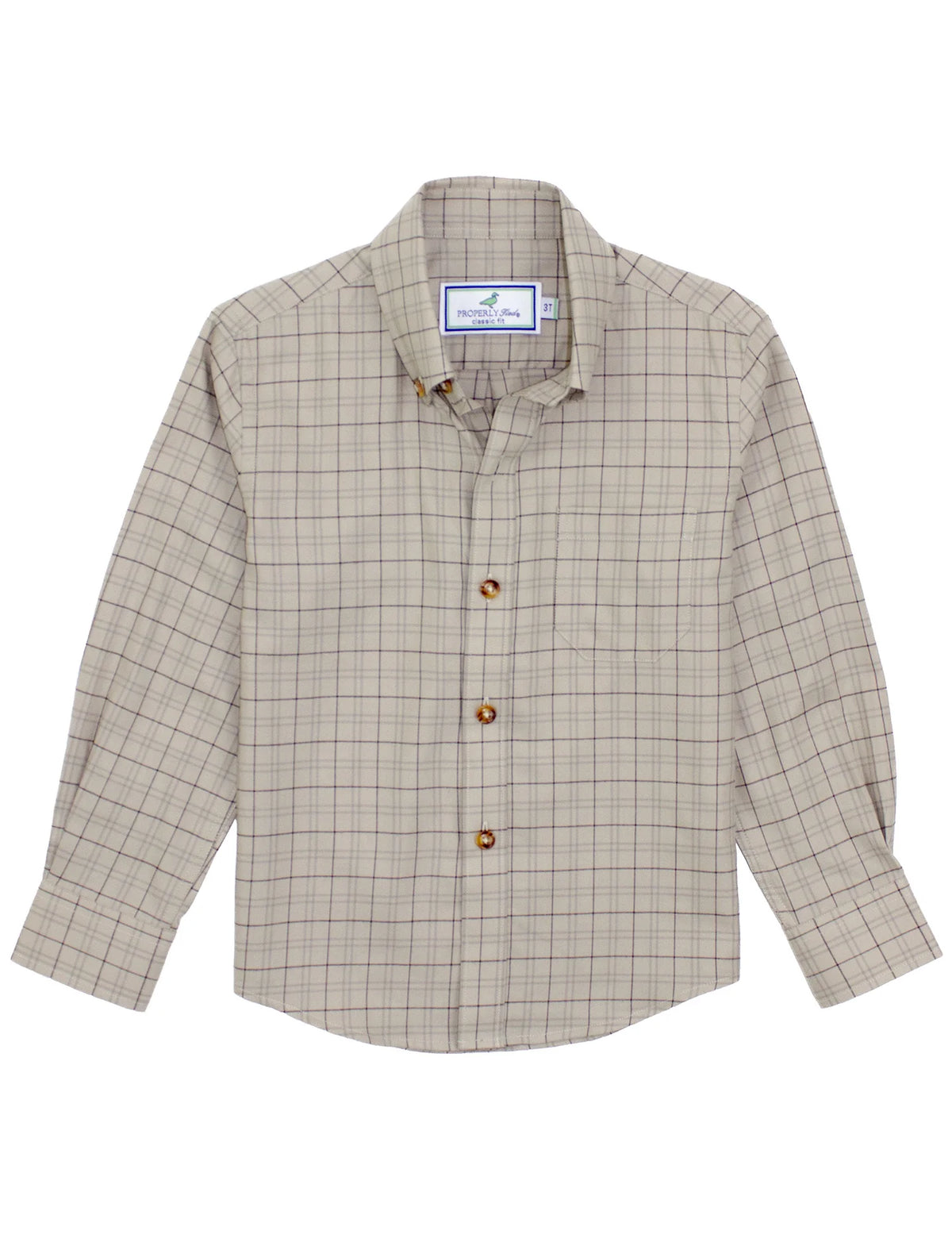 A long-sleeve button-up shirt in beige and brown with a subtle windowpane plaid pattern, featuring brown buttons and a pointed collar, shown on a plain white background.