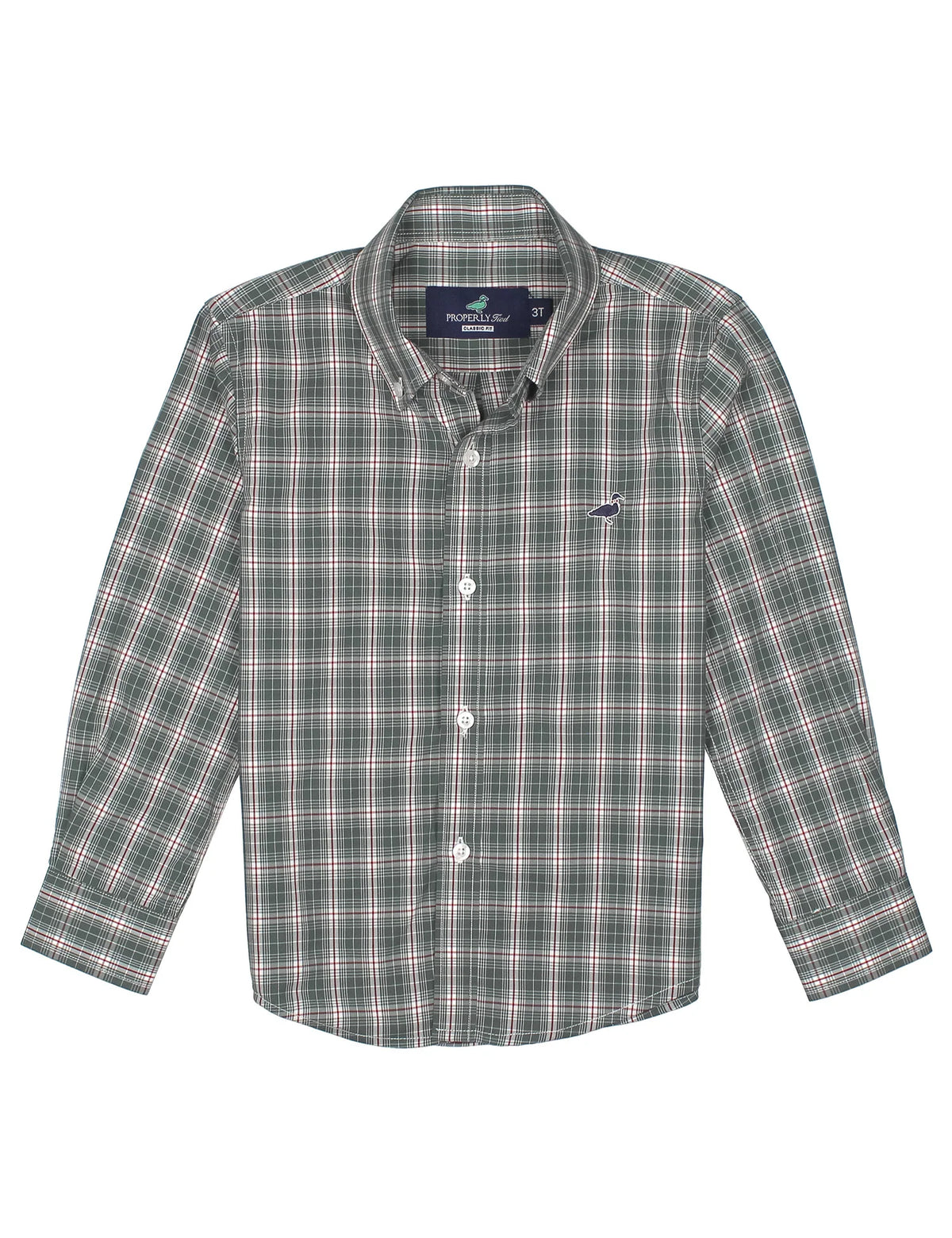 Green plaid shirt with a brand logo on a white background