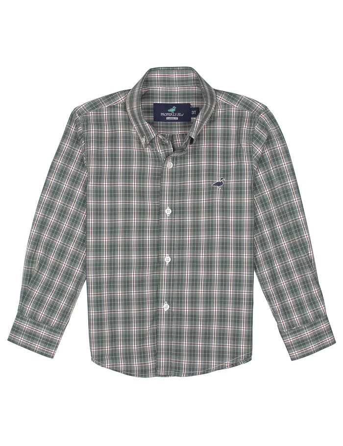 Green plaid shirt with a brand logo on a white background