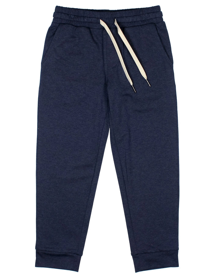 A pair of navy blue heather sweatpants with a cream-colored drawstring, shown flat against a white background.