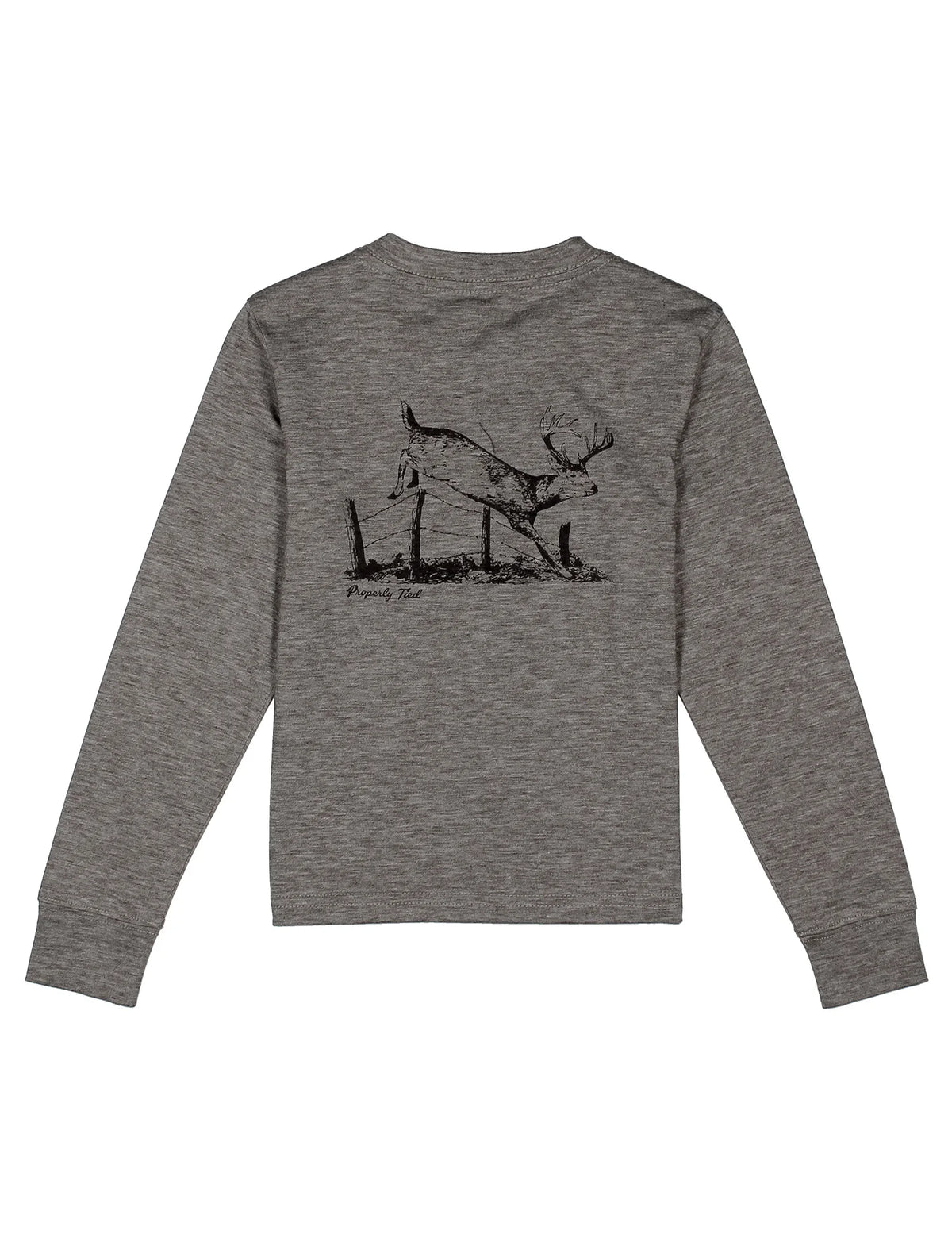 Gray long-sleeve shirt with a black graphic of a deer on a white background