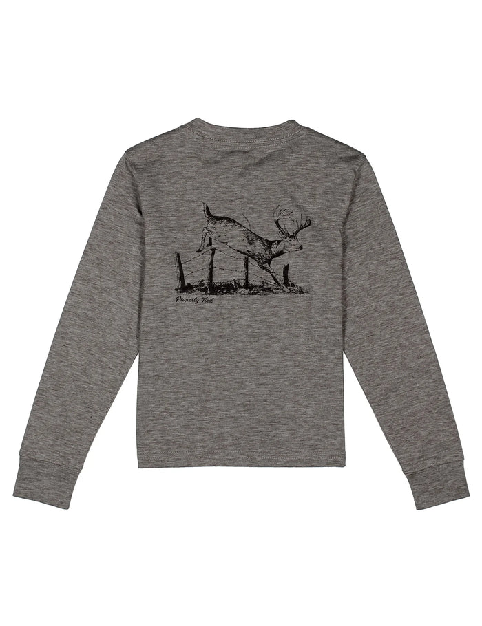 Gray long-sleeve shirt with a black graphic of a deer on a white background