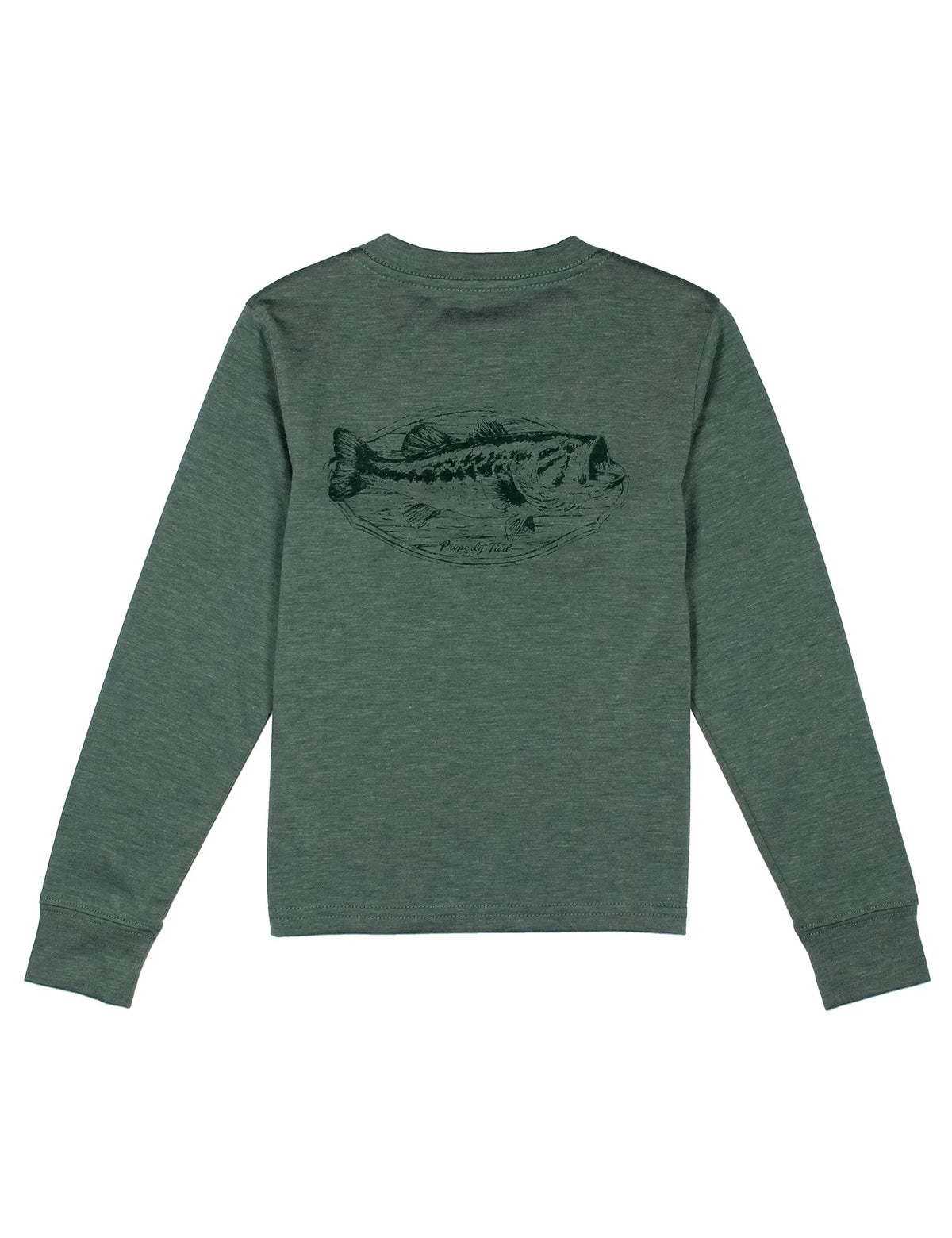 Green long-sleeve shirt with fish graphic on a white background