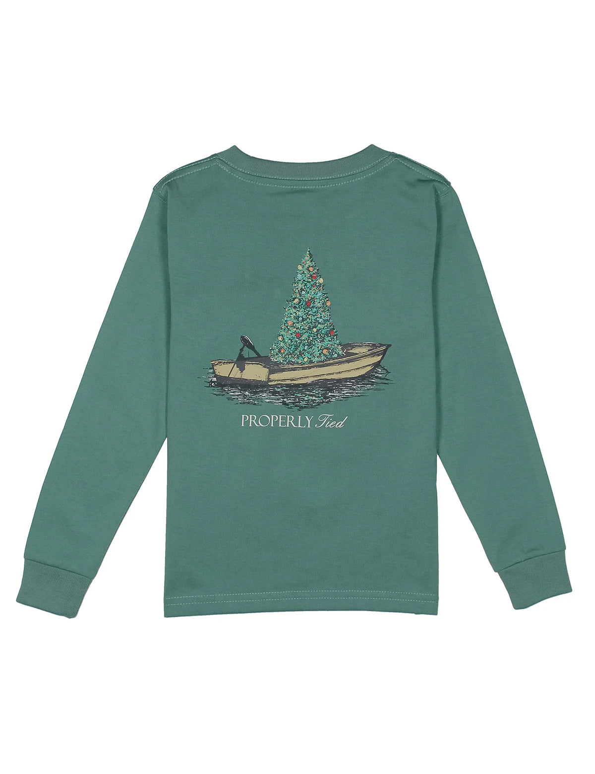 A long-sleeve crewneck t-shirt in a muted teal-green color, featuring a graphic of a Christmas tree in a boat on the back, with the text 'PROPERLY. Sed.