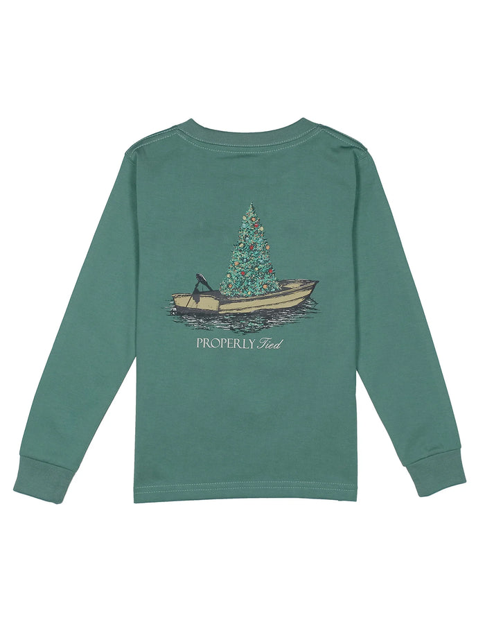 A long-sleeve crewneck t-shirt in a muted teal-green color, featuring a graphic of a Christmas tree in a boat on the back, with the text 'PROPERLY. Sed.
