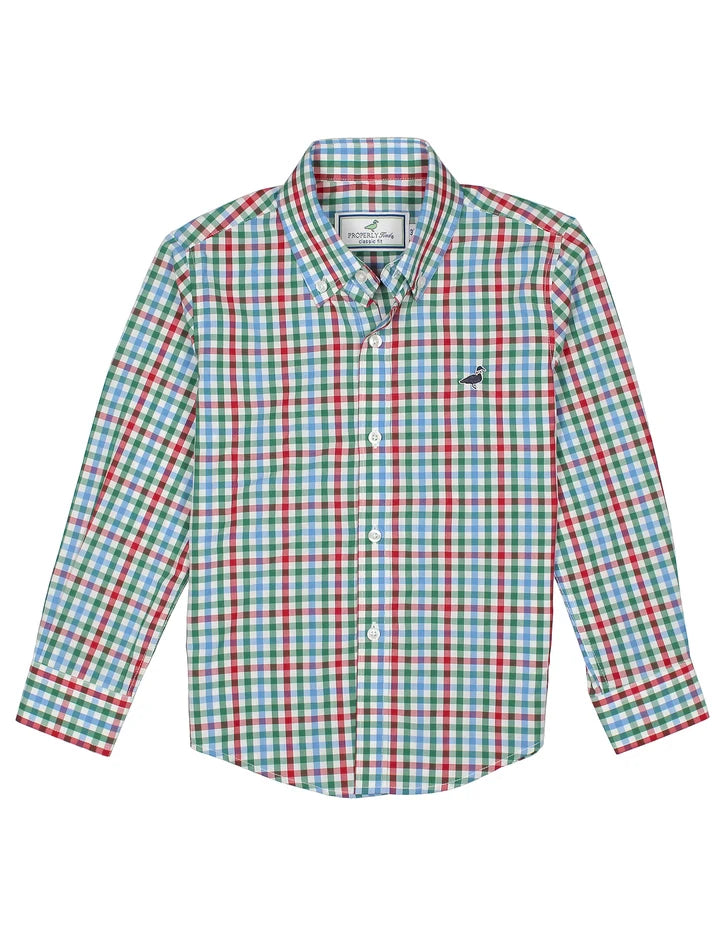 Checkered shirt with red, blue, and green pattern on a white background
