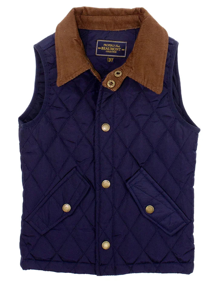A navy blue quilted vest with a brown corduroy collar and gold-tone buttons, shown flat against a white background.