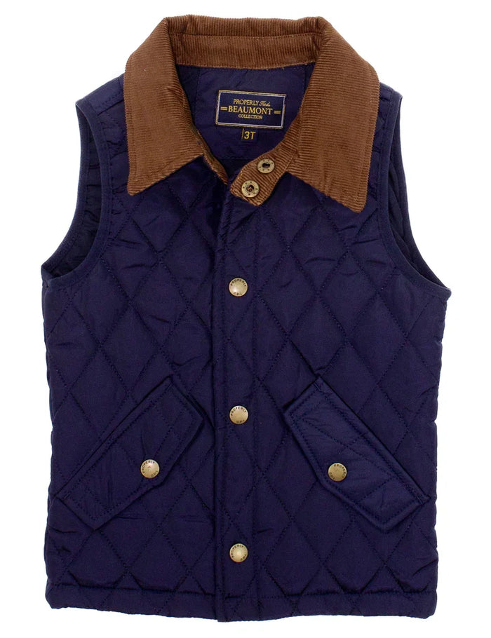 A navy blue quilted vest with a brown corduroy collar and gold-tone buttons, shown flat against a white background.