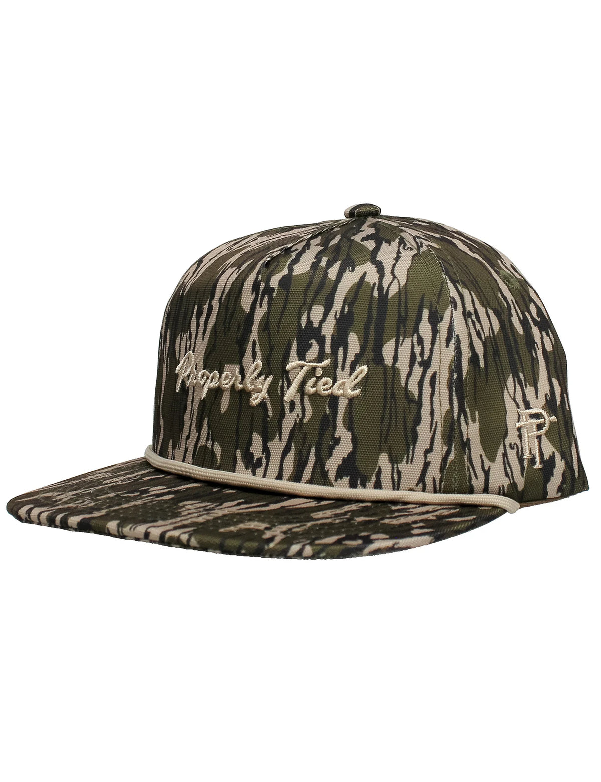 Camouflage cap with 'Property Tied ' logo on a white background