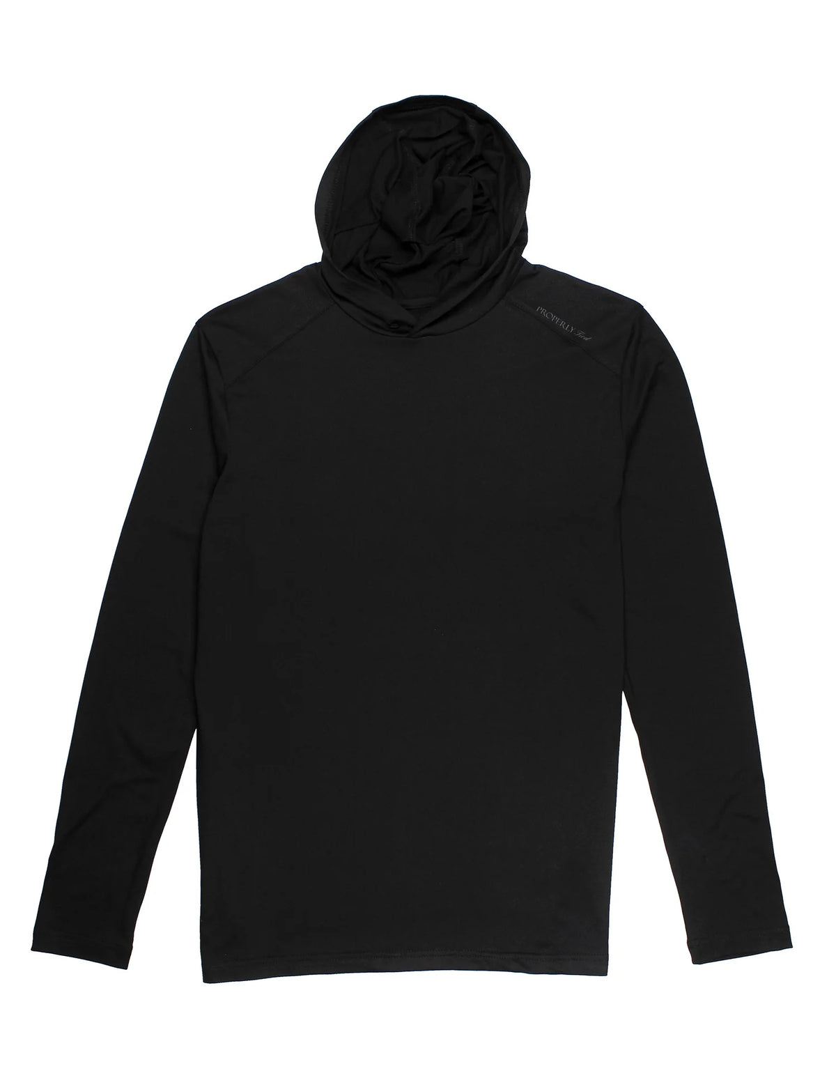Black long-sleeve shirt with a hood on a white background