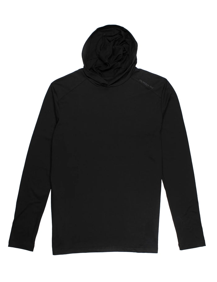 Black long-sleeve shirt with a hood on a white background