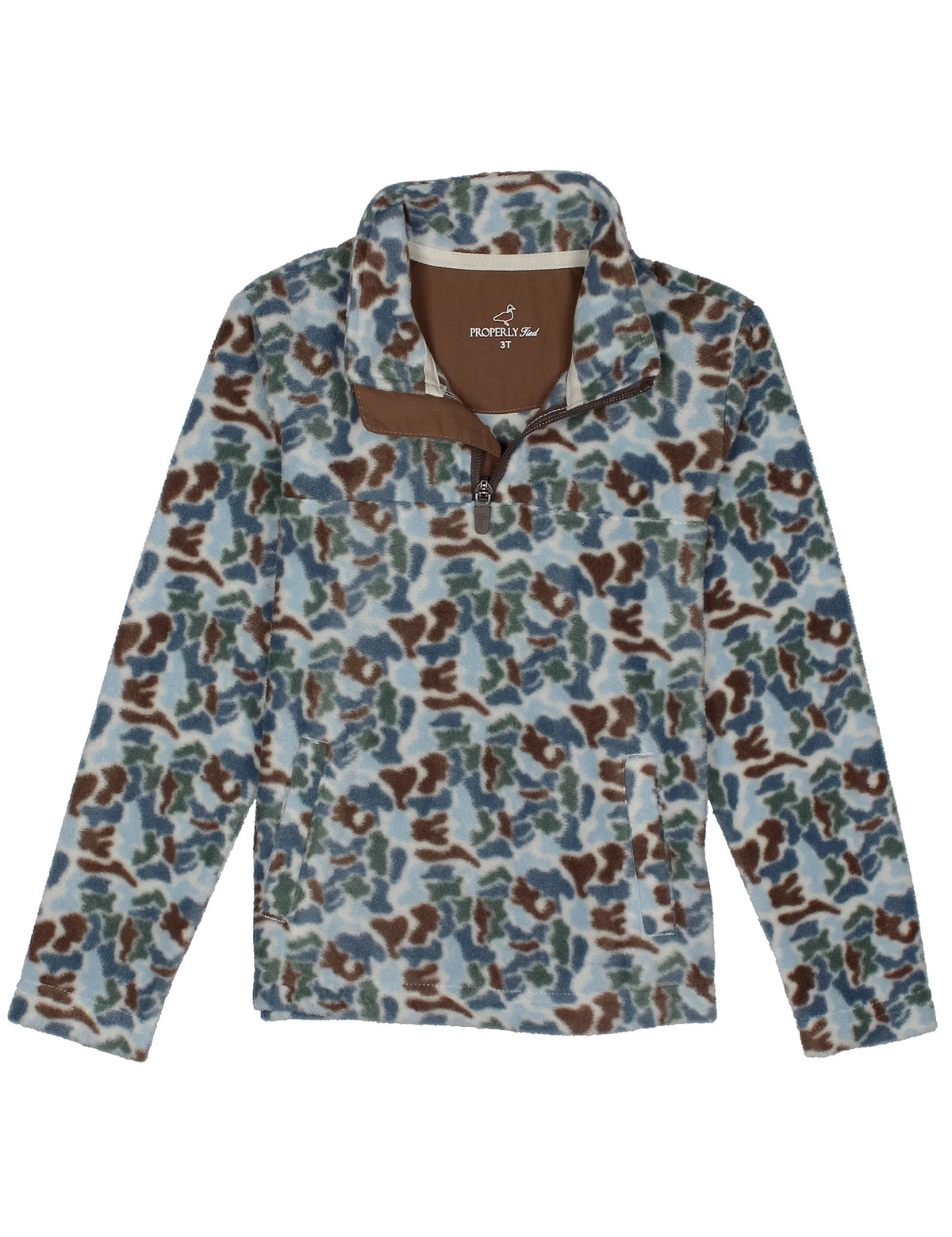 A long-sleeve quarter-zip fleece pullover by Port & Company, featuring a blue, brown, and green camouflage pattern on a light gray base, with a solid brown collar.