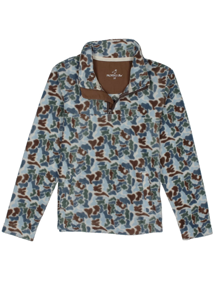 A long-sleeve quarter-zip fleece pullover by Port & Company, featuring a blue, brown, and green camouflage pattern on a light gray base, with a solid brown collar.