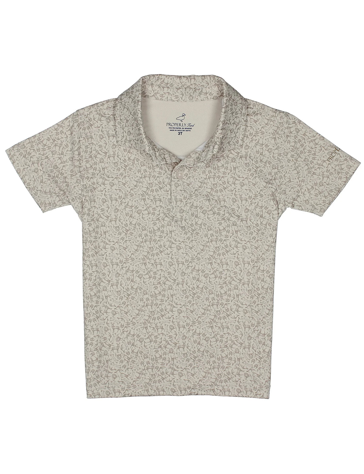 A short-sleeve polo shirt with a dense, small-scale floral or ditsy print in beige and brown tones, displayed flat against a solid white background.