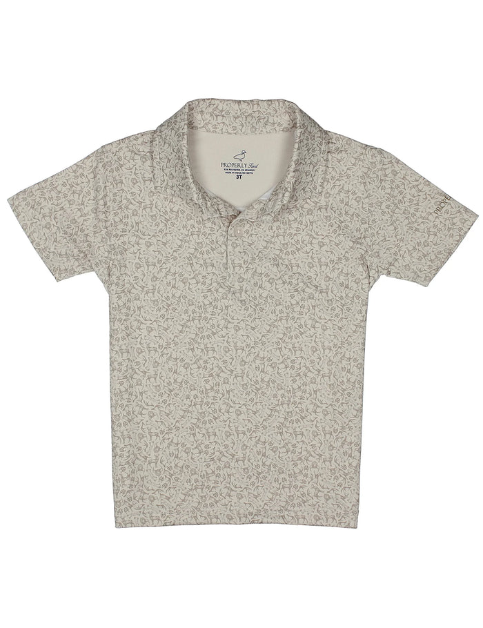 A short-sleeve polo shirt with a dense, small-scale floral or ditsy print in beige and brown tones, displayed flat against a solid white background.