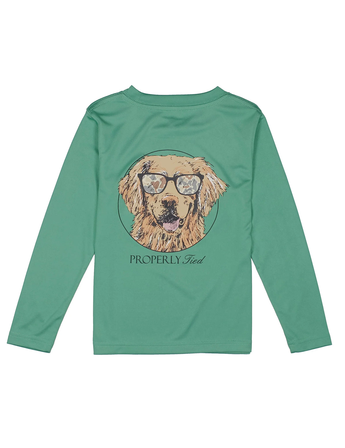 A mint green long-sleeve t-shirt with a graphic of a golden retriever wearing glasses inside a circle, with the text 'PROPERLY Fed' printed below, shown on a plain white background.