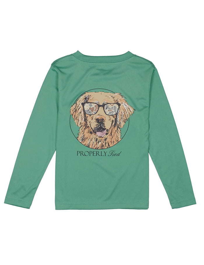 A mint green long-sleeve t-shirt with a graphic of a golden retriever wearing glasses inside a circle, with the text 'PROPERLY Fed' printed below, shown on a plain white background.