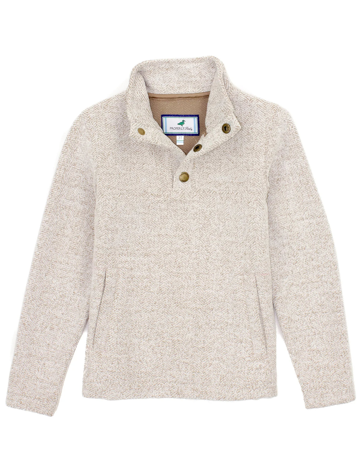 Beige fleece jacket with button details on a white background