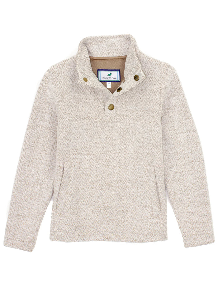 Beige fleece jacket with button details on a white background