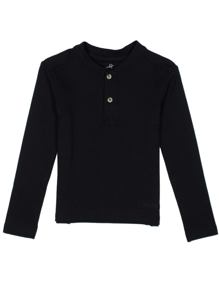 Black long-sleeve shirt with buttons on a white background