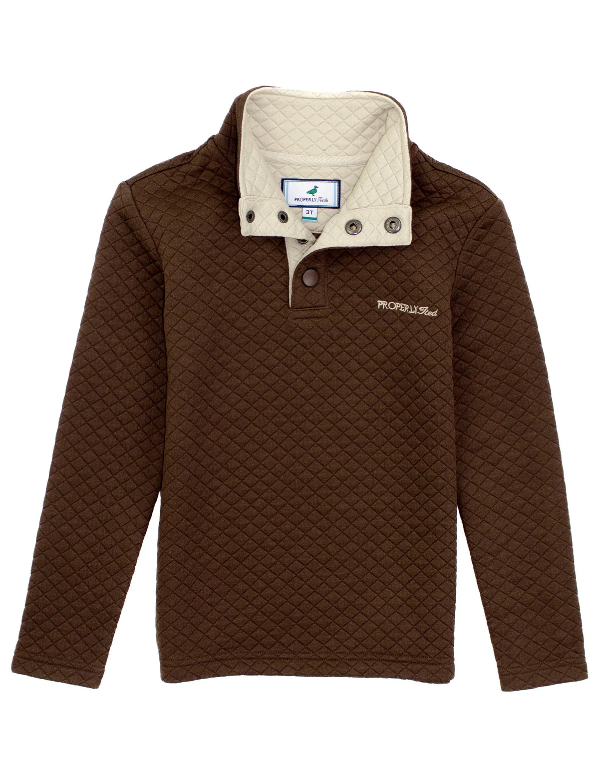 Brown quilted pullover with beige collar on a white background