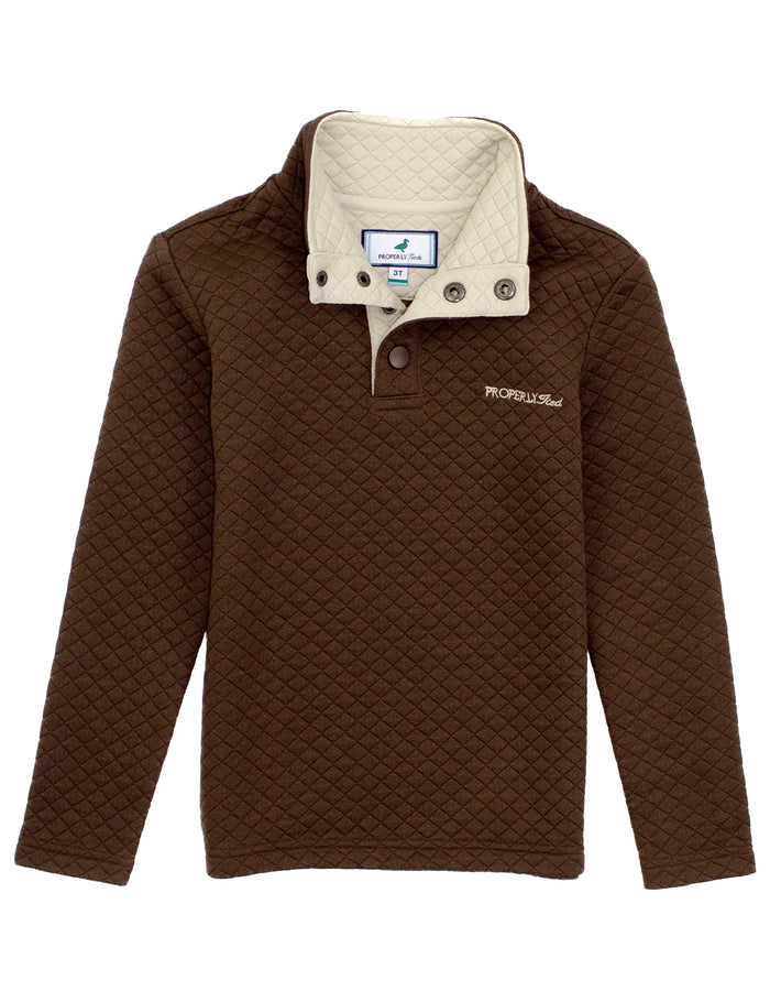 Brown quilted pullover with beige collar on a white background