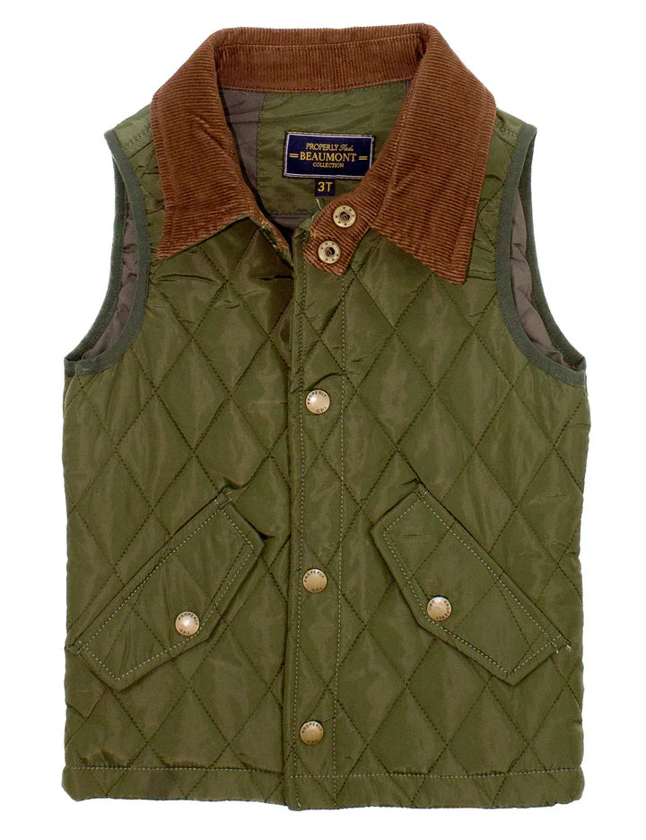 An olive green quilted waxed cotton vest with a brown corduroy collar, featuring brass buttons and two front flap pockets, shown on a plain white background.