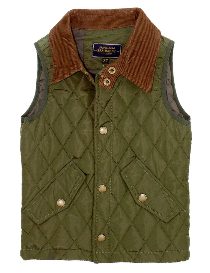 An olive green quilted waxed cotton vest with a brown corduroy collar, featuring brass buttons and two front flap pockets, shown on a plain white background.