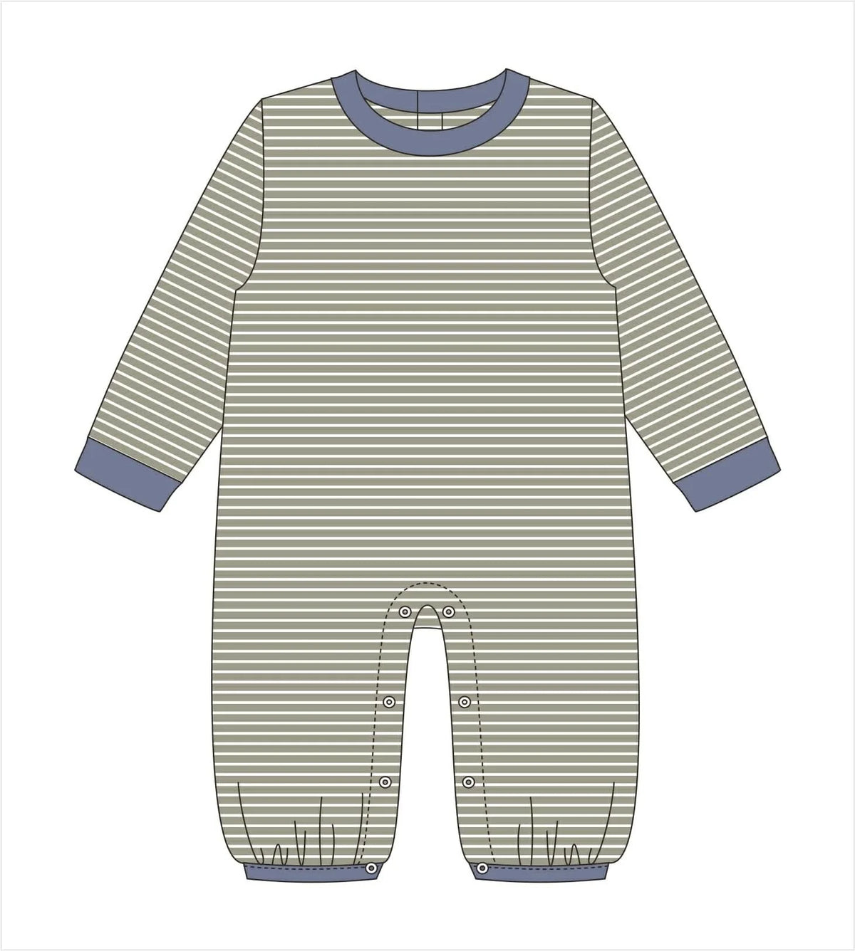 A flat line-art illustration of a baby long-sleeve footless romper with horizontal stripes in sage green and white, with muted blue-gray trim on the collar, cuffs, and hem.