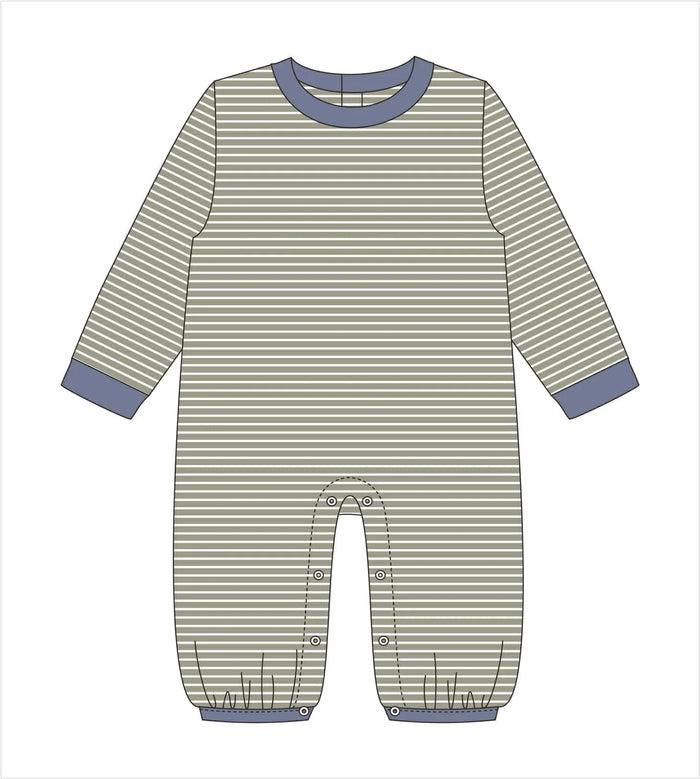 A flat line-art illustration of a baby long-sleeve footless romper with horizontal stripes in sage green and white, with muted blue-gray trim on the collar, cuffs, and hem.